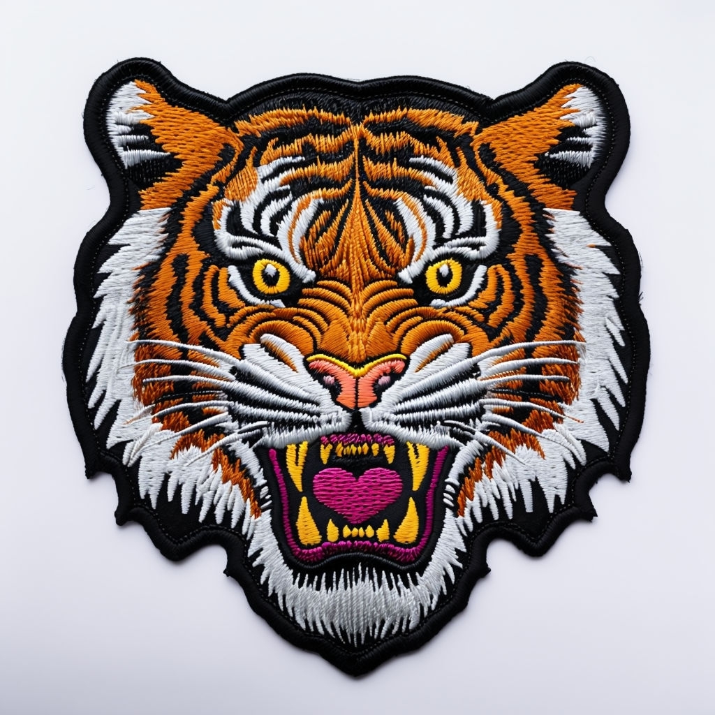 Aggressive Tiger Face Embroidered Patch Design T-shirt