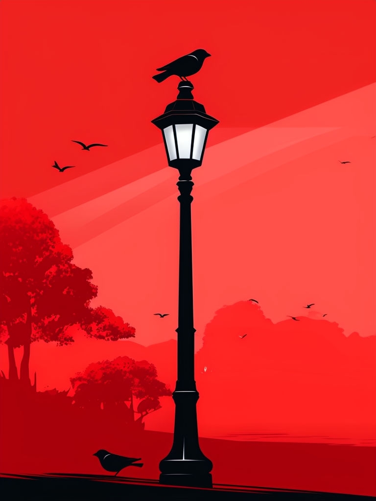 Minimalist Red Background with Black Street Lamp and Birds Art