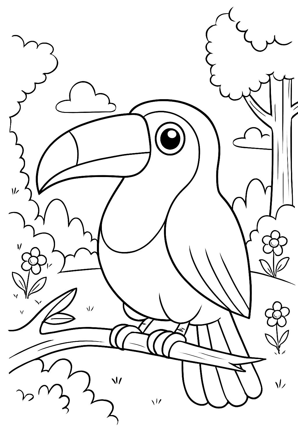 Cartoon Toucan on Branch in Nature Line Drawing Coloring Page