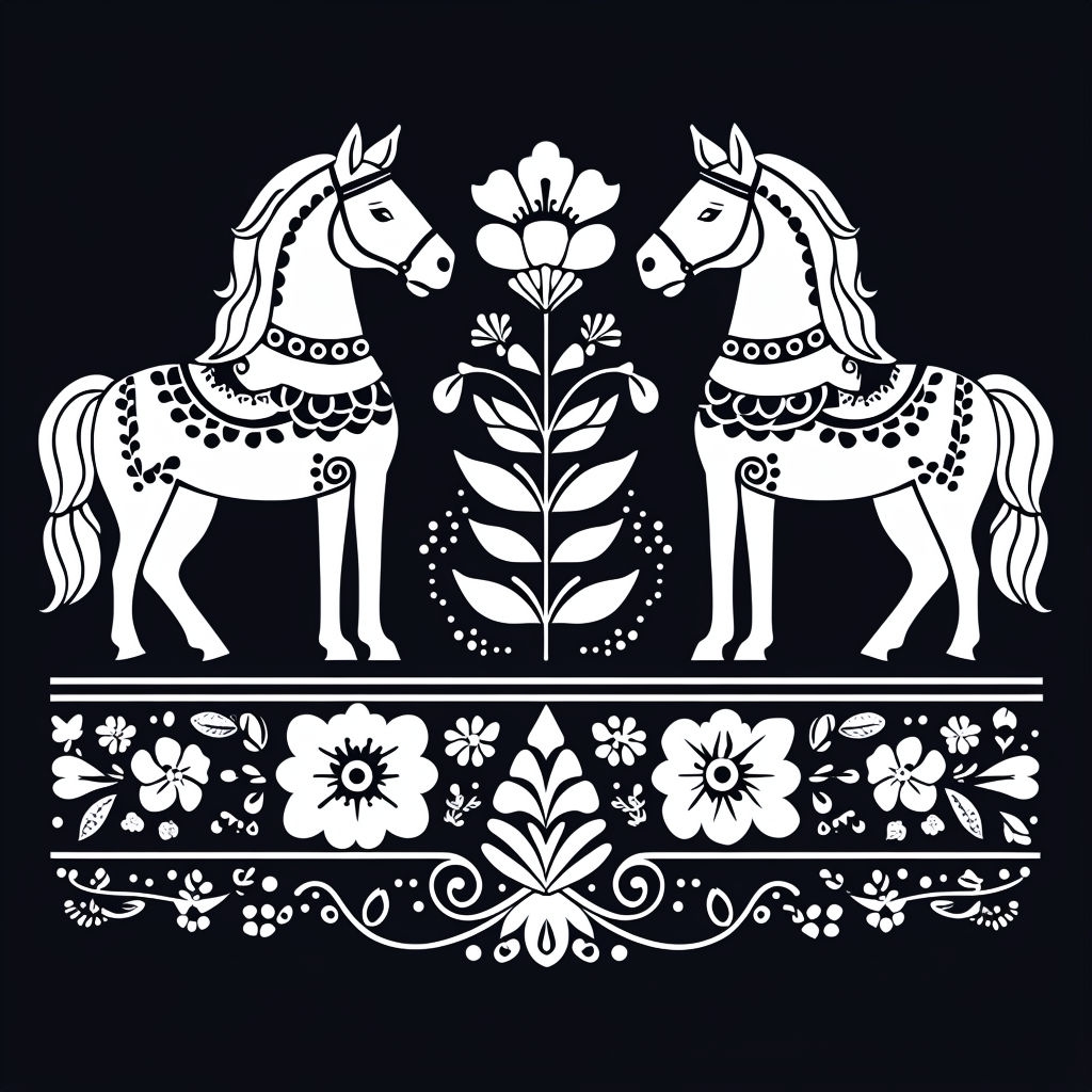 Symmetrical Swedish Folk Art Horses with Floral Elements Pattern