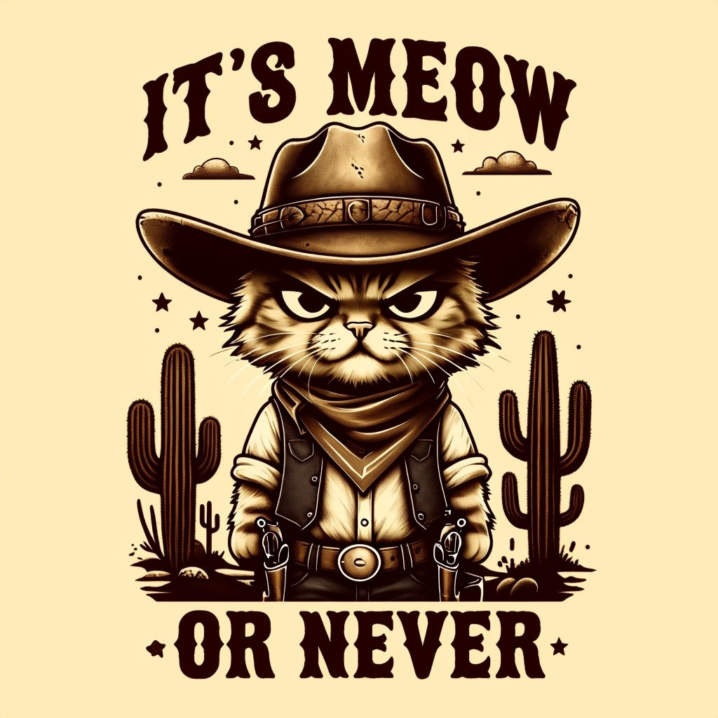 Whimsical Cowboy Cat Illustration with 'It's Meow' T-Shirt