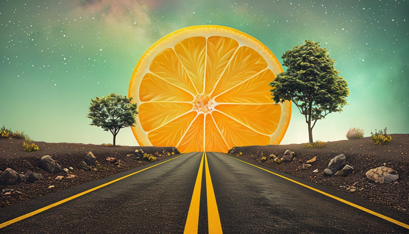 Surreal Road Leading to Vibrant Orange Slice Virtual Background