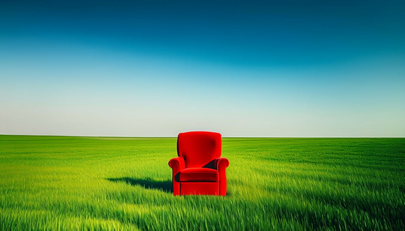 Vibrant Red Armchair in Lush Green Field Photograph for Virtual Backgrounds
