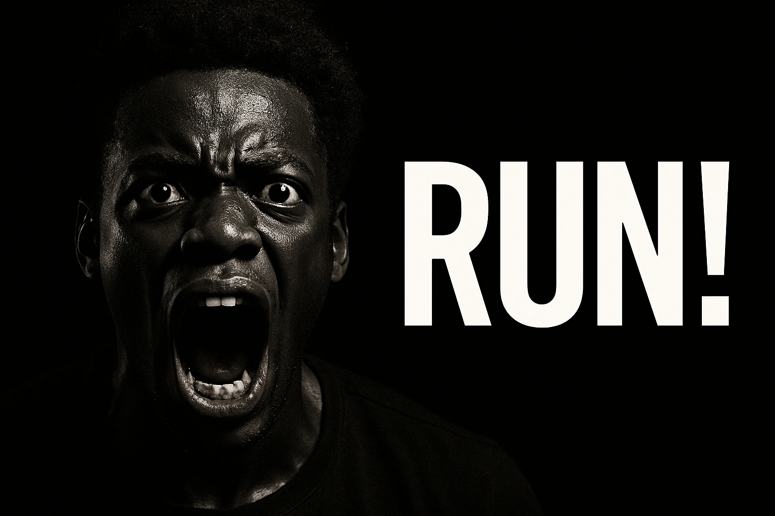 Dramatic Black and White Fear Expression with Urgent RUN Text Social Media Post