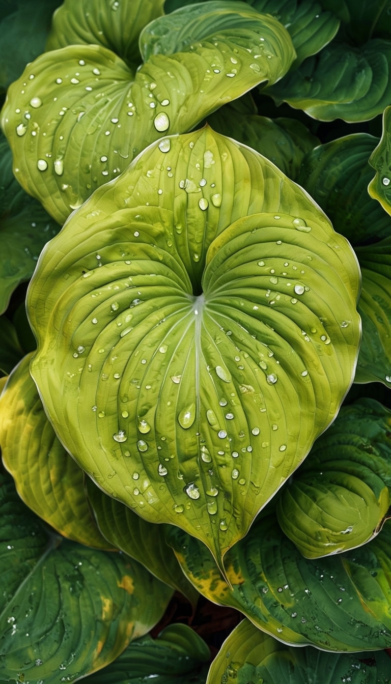 Lush Green Hosta Leaves with Water Droplets Close-Up Mobile Wallpaper