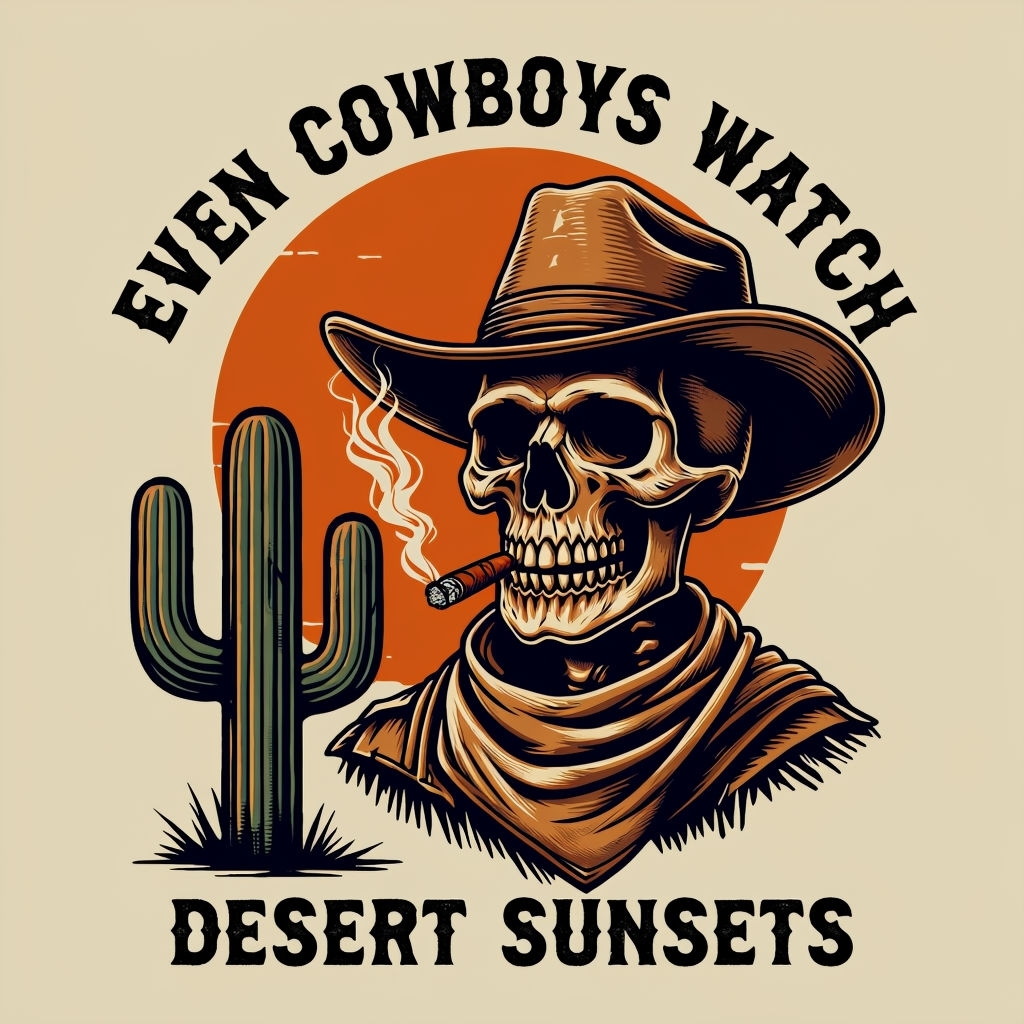 Vintage Cowboy Skeleton with Cactus and Desert Sunsets T-Shirt