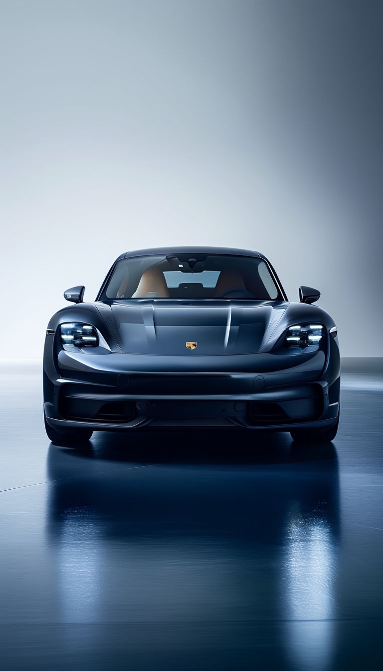 Elegant Black Porsche Taycan Against Gray Gradient Background Mobile Wallpaper