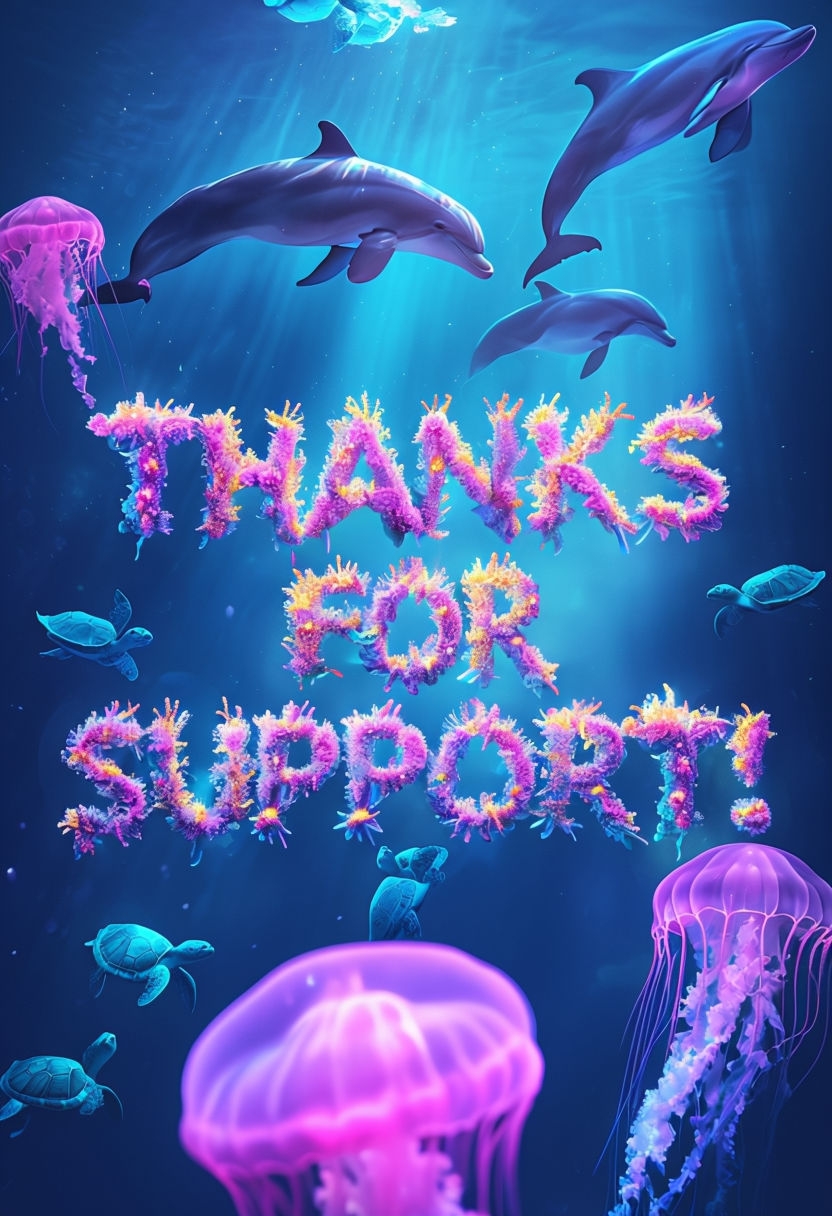 Vibrant Underwater Scene with Neon Coral 'Thanks for Support!' Artwork Social Media Post