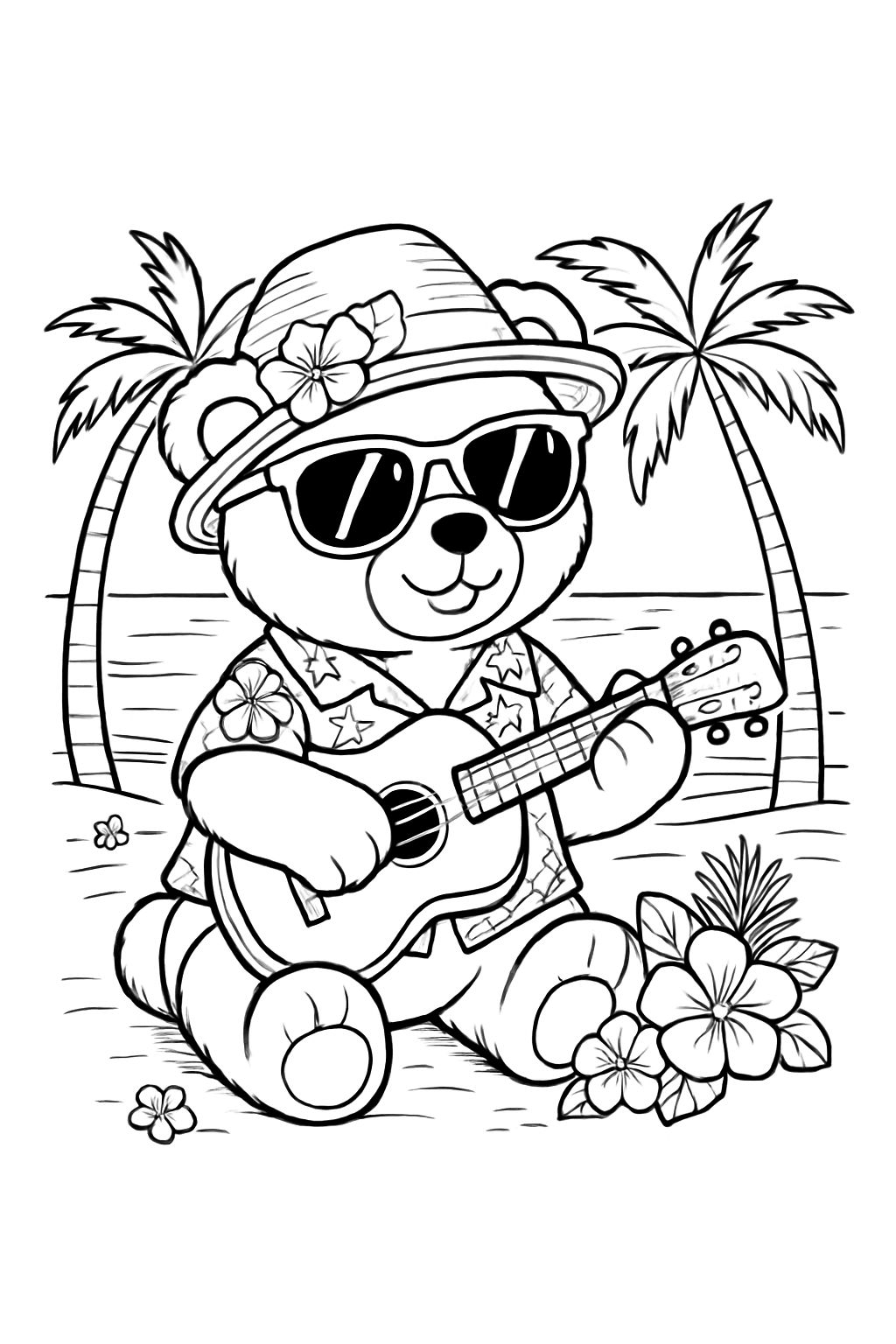 Cheerful Cartoon Bear Playing Ukulele on Tropical Beach Coloring Book Pages
