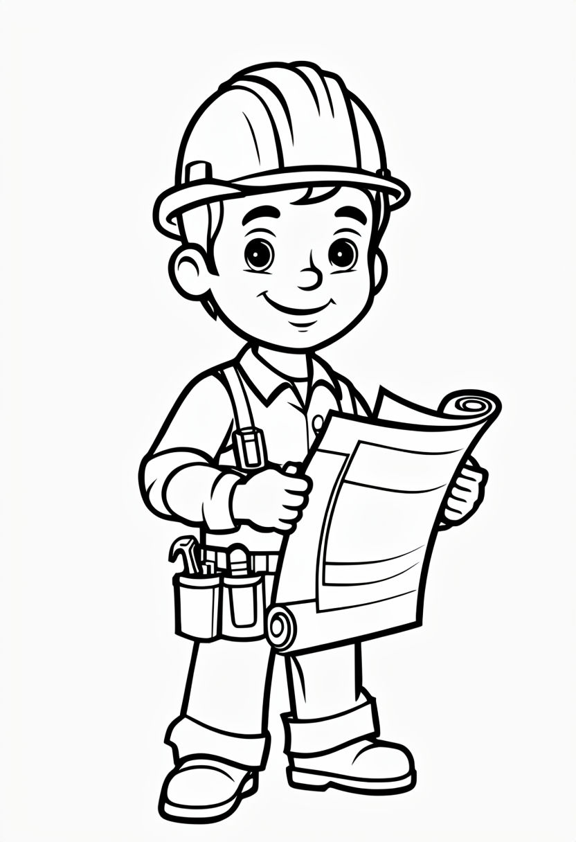 Friendly Construction Worker Outline with Blueprint Coloring Page