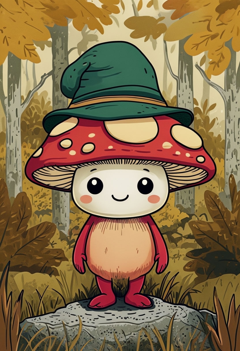 Cheerful Cartoon Mushroom Character Surrounded by Forest Poster