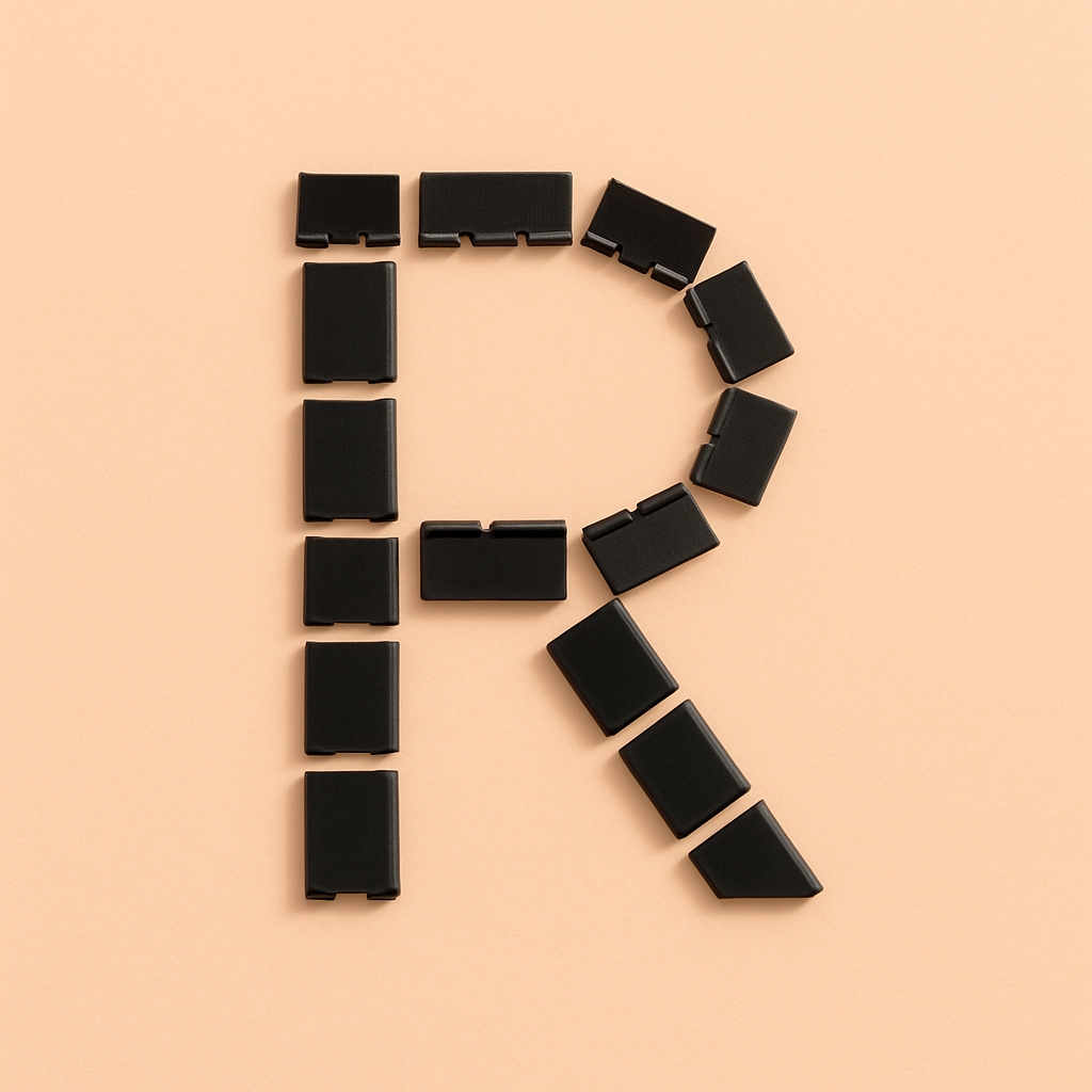 Minimalist Letter R Design with Black Tiles on Peach Background Monogram