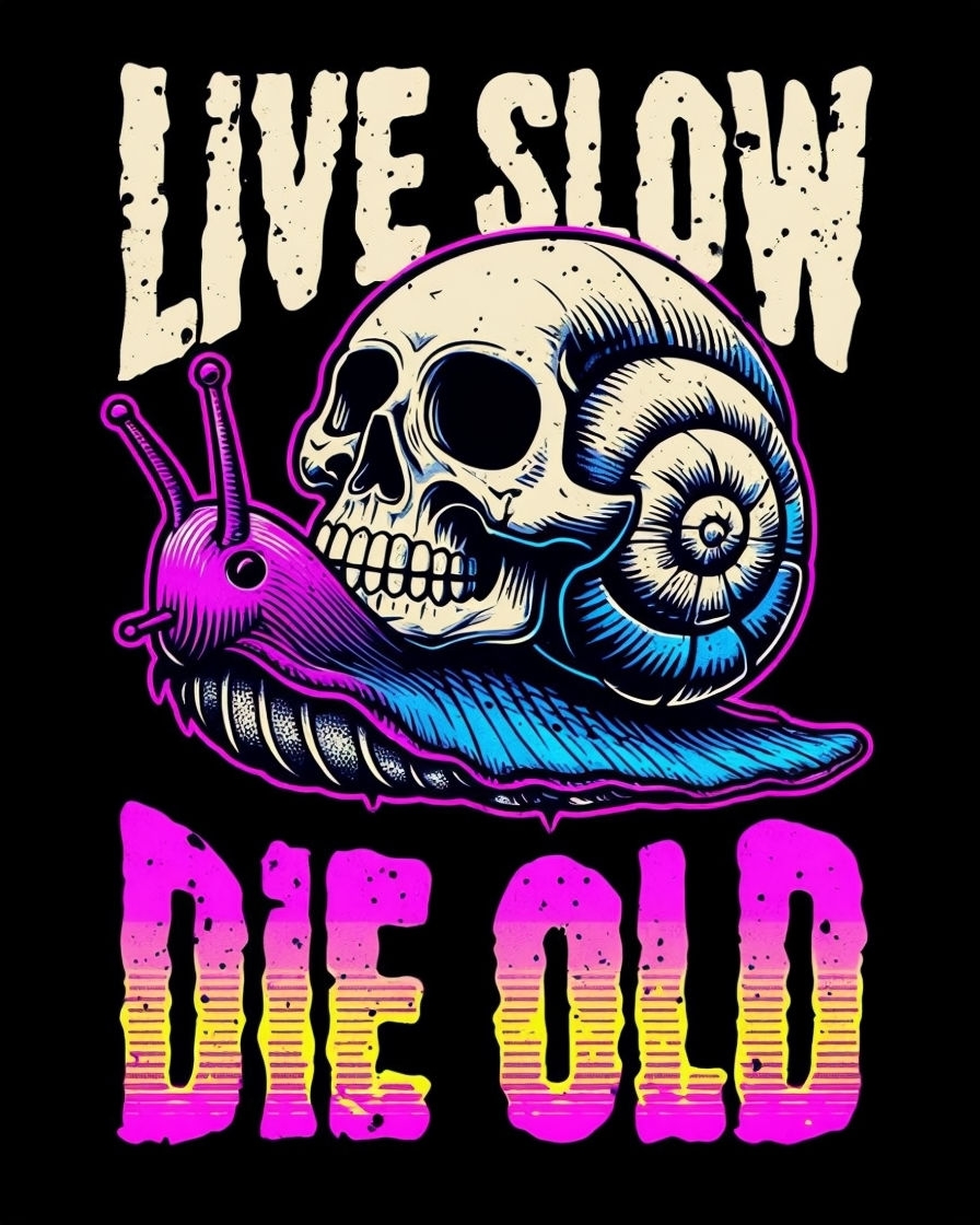 Stylized Skull Snail with Live Slow Die Old Typography Poster