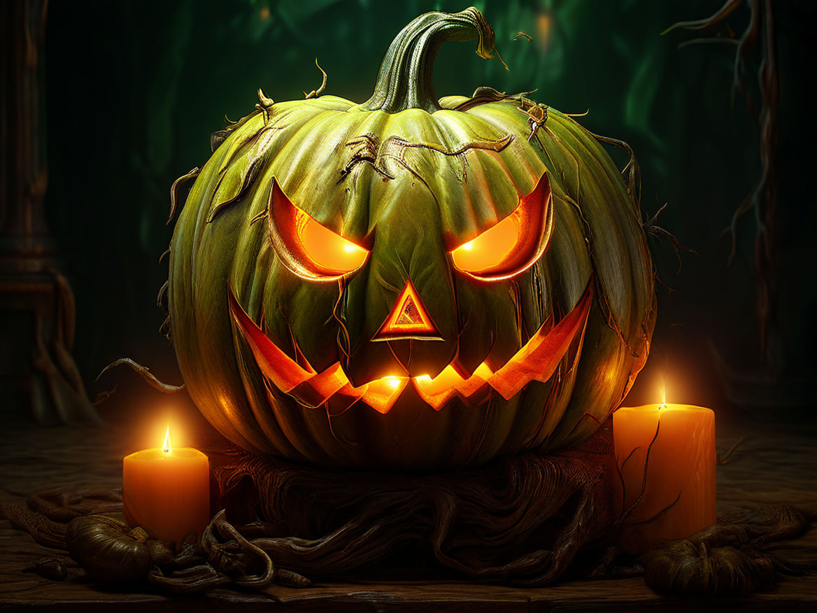 Prompt: pumpkin with a big gift in its hands, green funny spooky halloween teme candlelight, moon light, gift, sf, intricate artwork masterpiece, ominous, matte painting movie poster, golden ratio, trending on cgsociety, intricate, epic, trending on artstation, by artgerm, h. r. giger and beksinski, highly detailed, vibrant, production cinematic character render, ultra high quality model