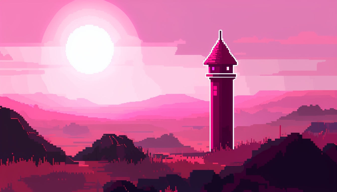 Serene Pixelated Sunrise Landscape with Tower Virtual Background