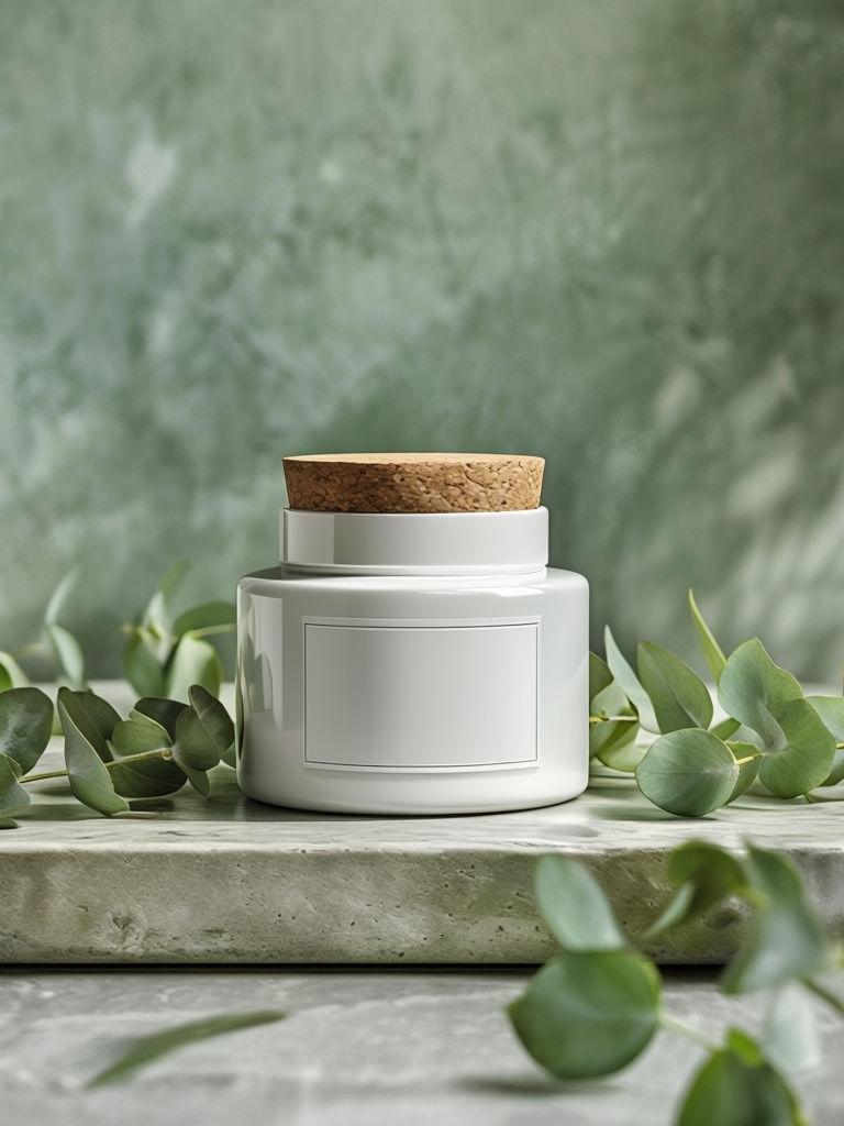 Elegant White Ceramic Jar with Eucalyptus Leaves Mockup