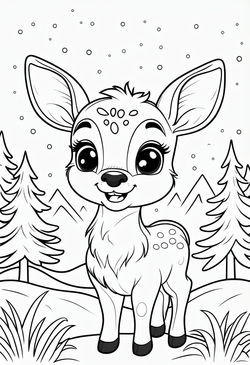 Cute Cartoon Deer Winter Forest Illustration for Coloring Book Pages