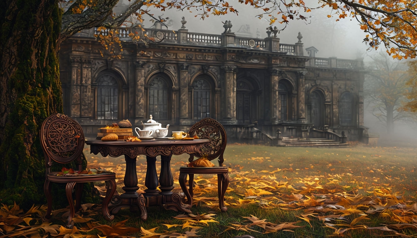 Ornate Autumnal Table in Serene Historic Building Background Virtual Backgrounds