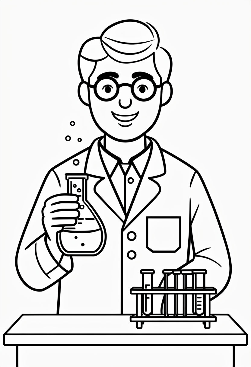 Friendly Scientist with Beaker Line Drawing Coloring Book Page