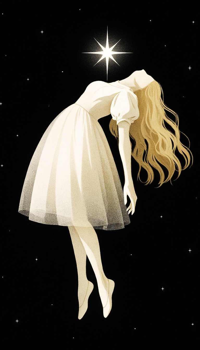Ethereal Woman in Ivory Dress with Starry Night Background Mobile Wallpaper