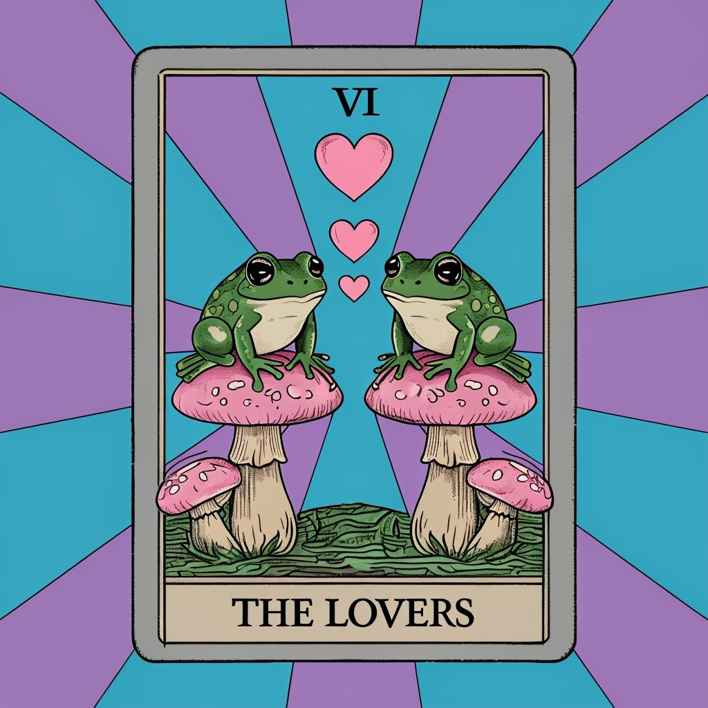 Whimsical Cartoon Tarot Card Illustration of The Lovers Poster