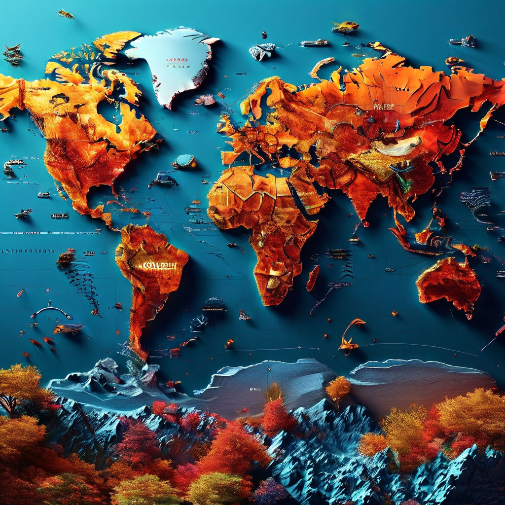 Create a world map with infographs on it. Use vibrant but de... by