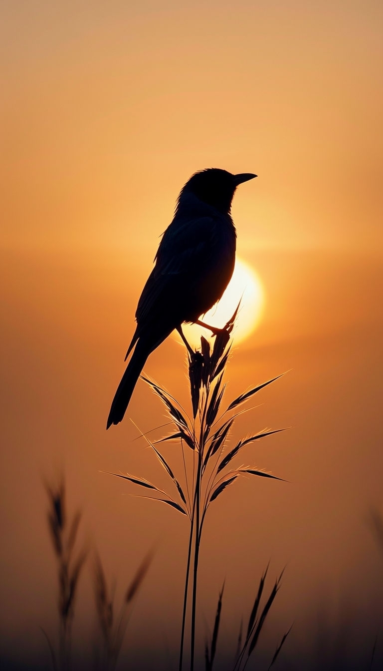 Serene Sunset with Silhouette Bird and Wheat Plant Mobile Wallpaper
