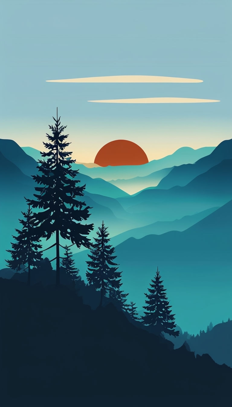 Tranquil Minimalist Sunrise Landscape with Evergreen Trees Mobile Wallpaper
