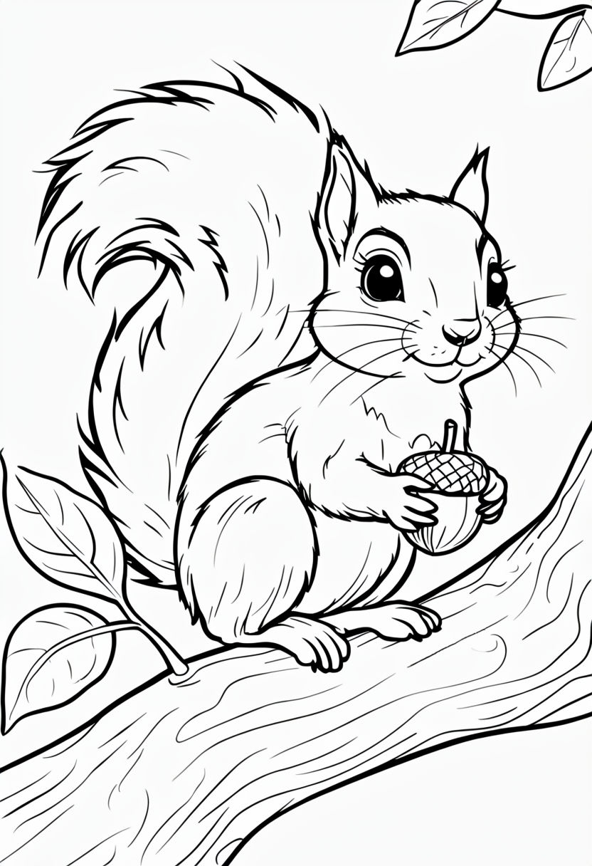 Cheerful Squirrel on Tree Branch Coloring Page