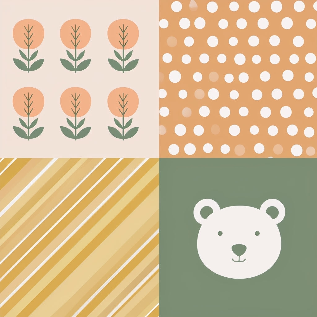 Playful Pastel Four-Section Design Featuring Flowers and Polka Dots Seamless Pattern