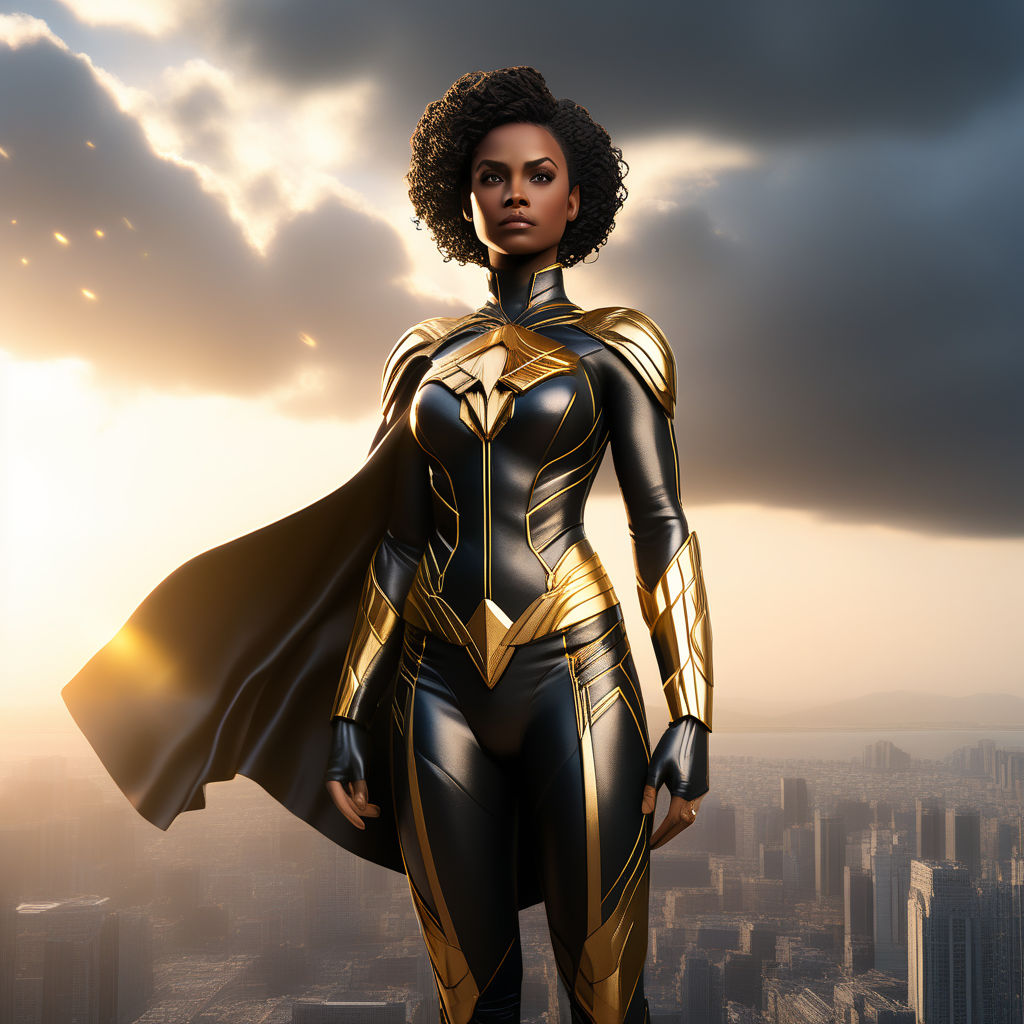 Full body image of spiritual sexy superhero black woman