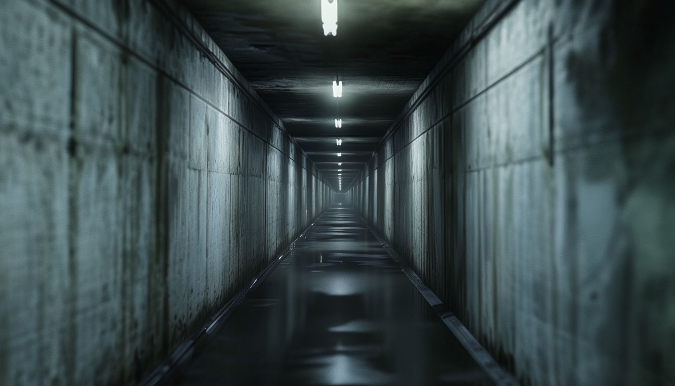 Eerie Dimly Lit Endless Corridor with Flickering Lights Background