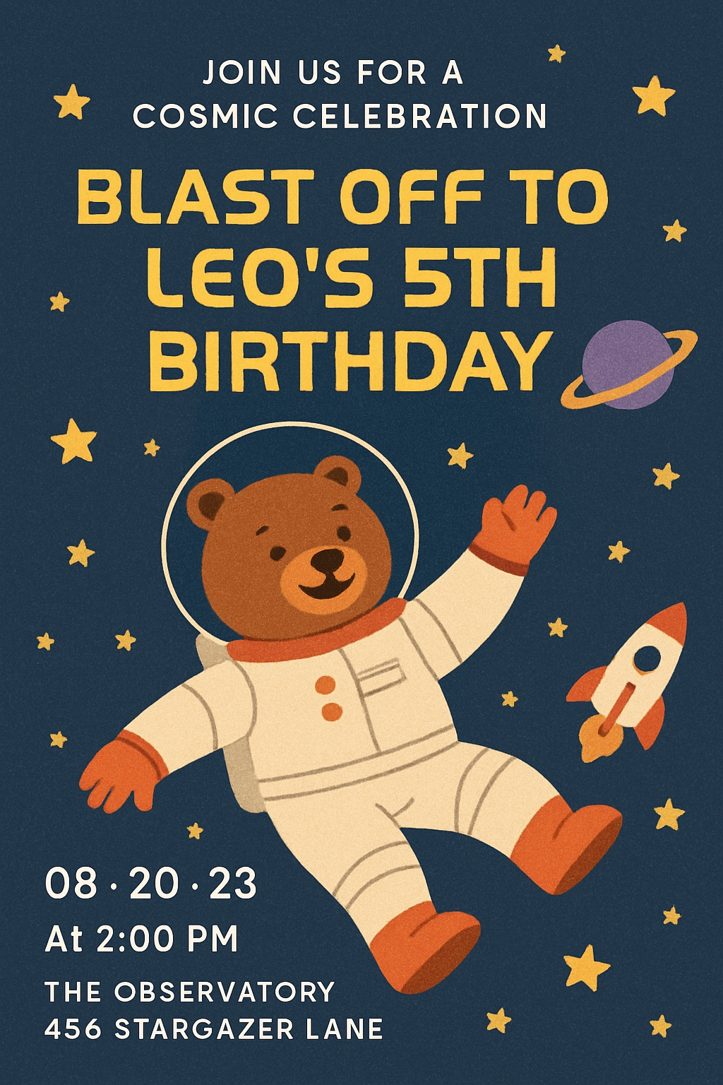Vibrant Cosmic Birthday Party Invitation with Cheerful Bear Character Cards & Invites