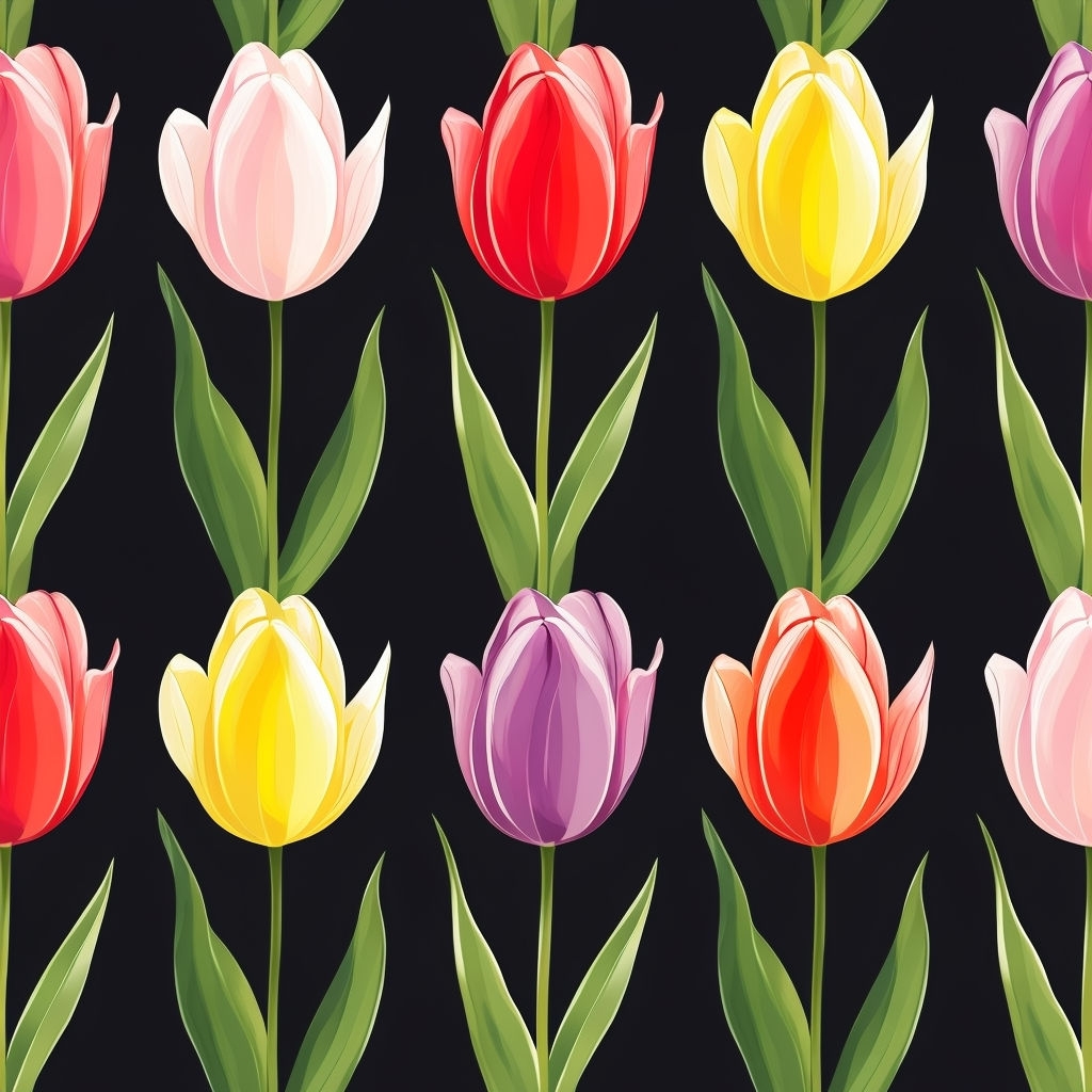 Vibrant Seamless Tulip Pattern on Black Background Design