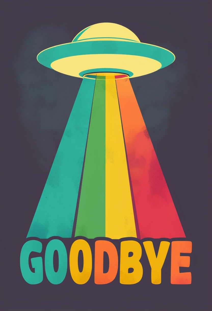 Vibrant Retro UFO Goodbye Text Illustration Poster