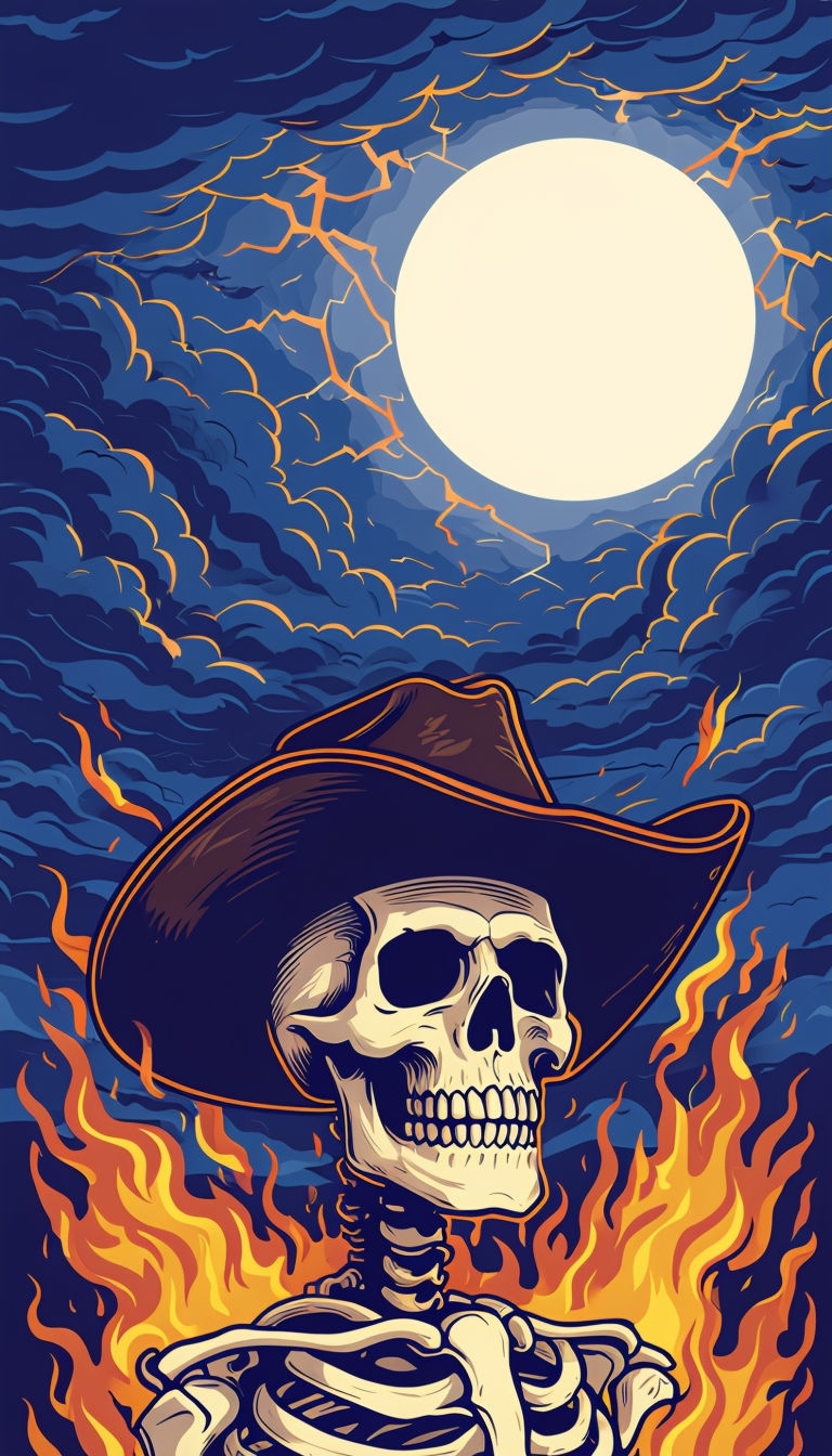 Eerie Skeleton Cowboy Surrounded by Flames Mobile Wallpaper