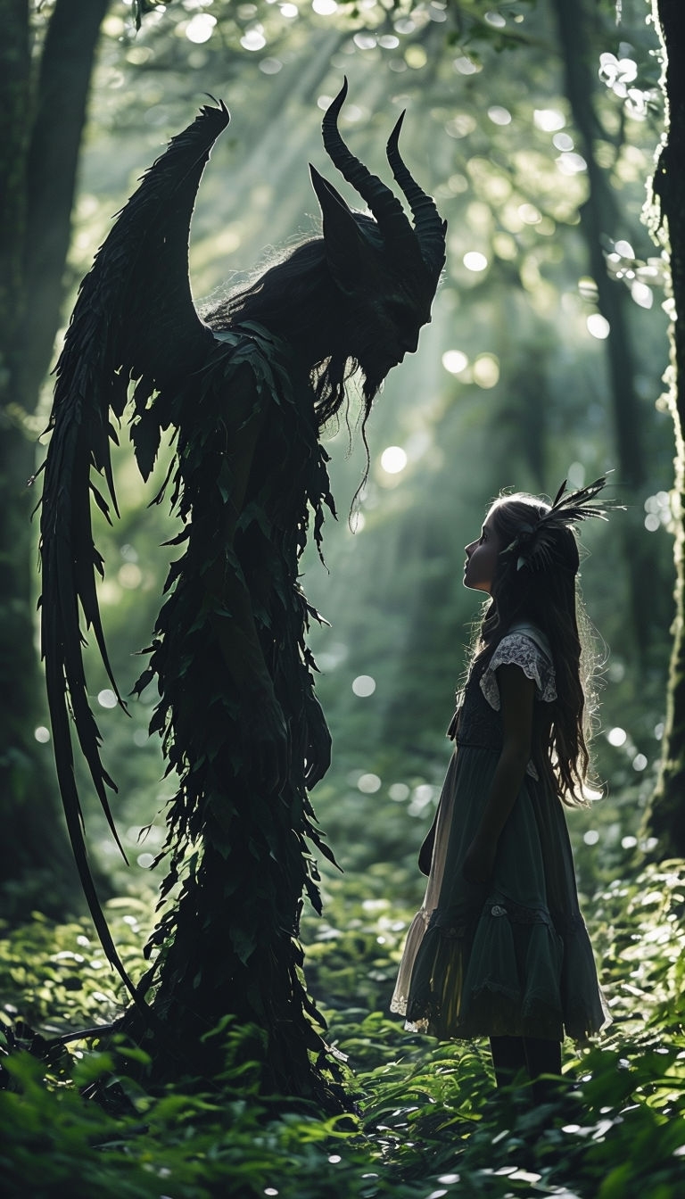 Mystical Forest Spirit Encounter with Young Girl Mobile Wallpaper