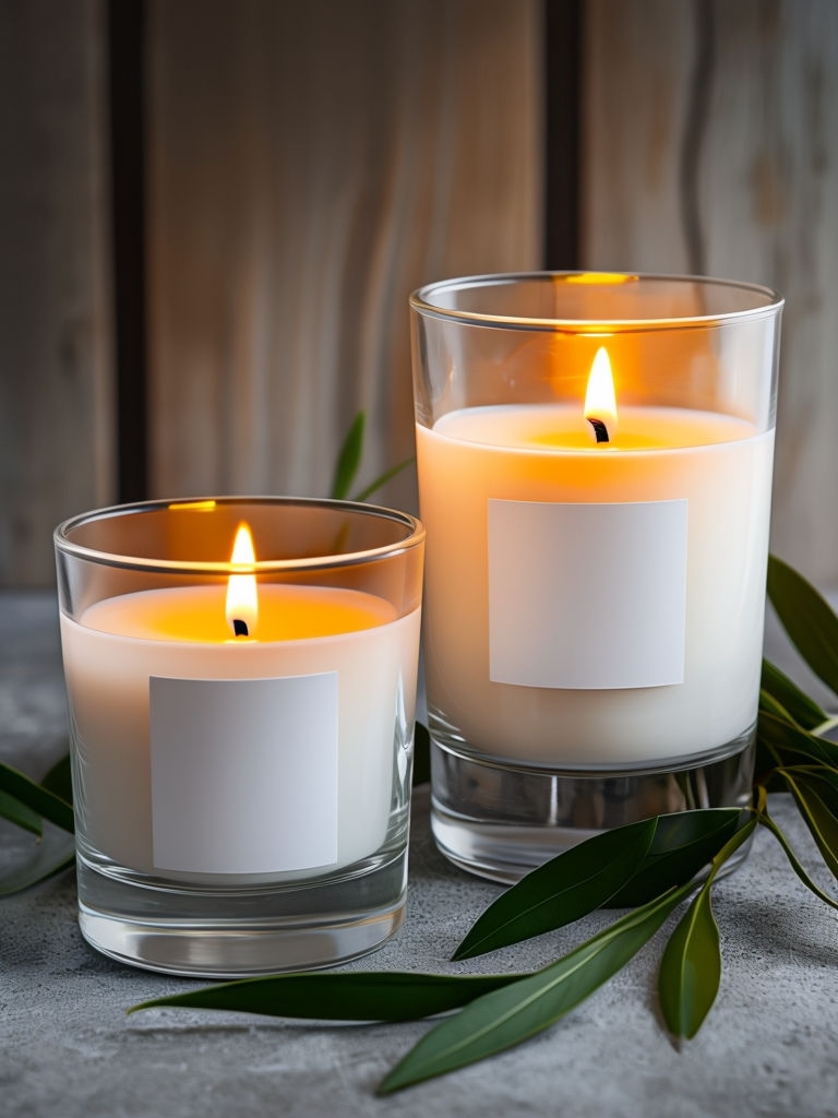 Elegant Scented Candles with Warm Glow on Gray Surface Mockup