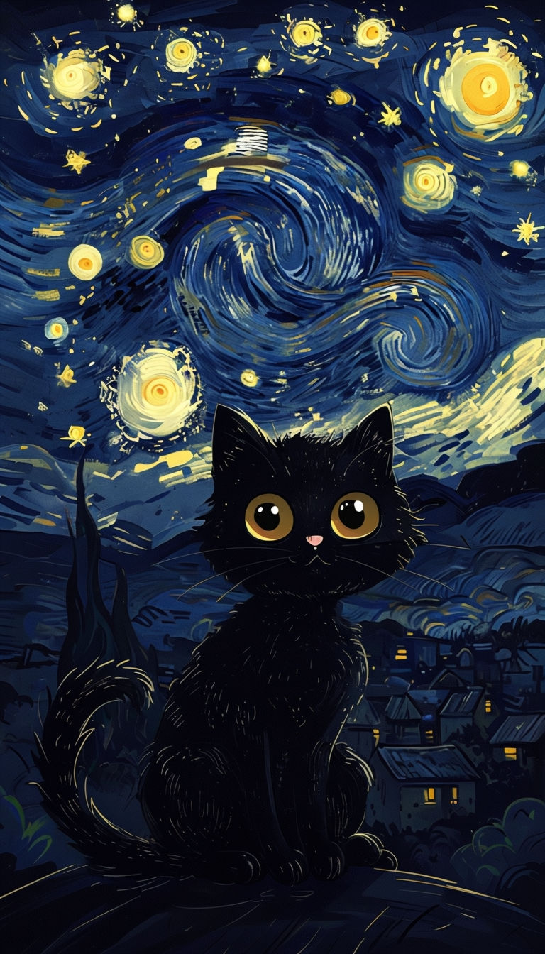 Whimsical Black Cat under Starry Night Anime Art Poster