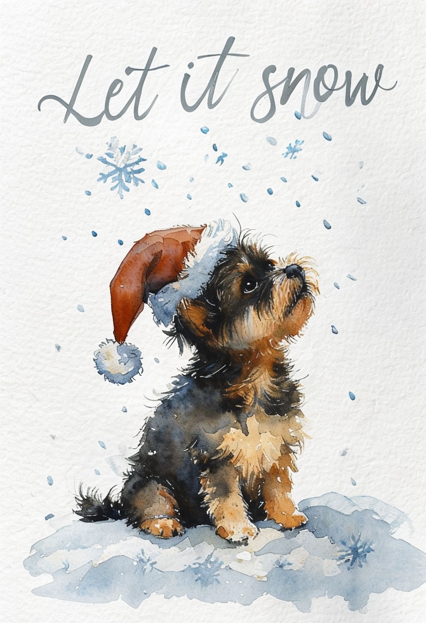 Whimsical Watercolor Dog in Santa Hat Let It Snow Greeting Card