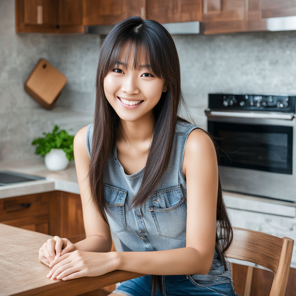 bent over a kitchen counter. Detailed face. 4k. Natural light. Full body  portrait. Sweet smile. In a kitchen