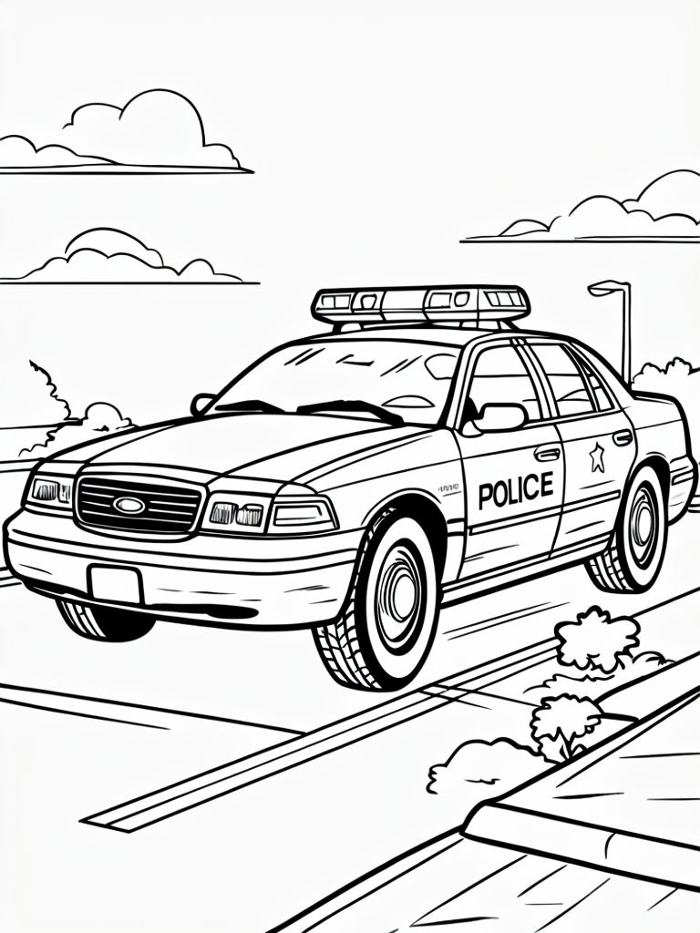 Detailed Black and White Police Car Line Drawing for Coloring Book Pages