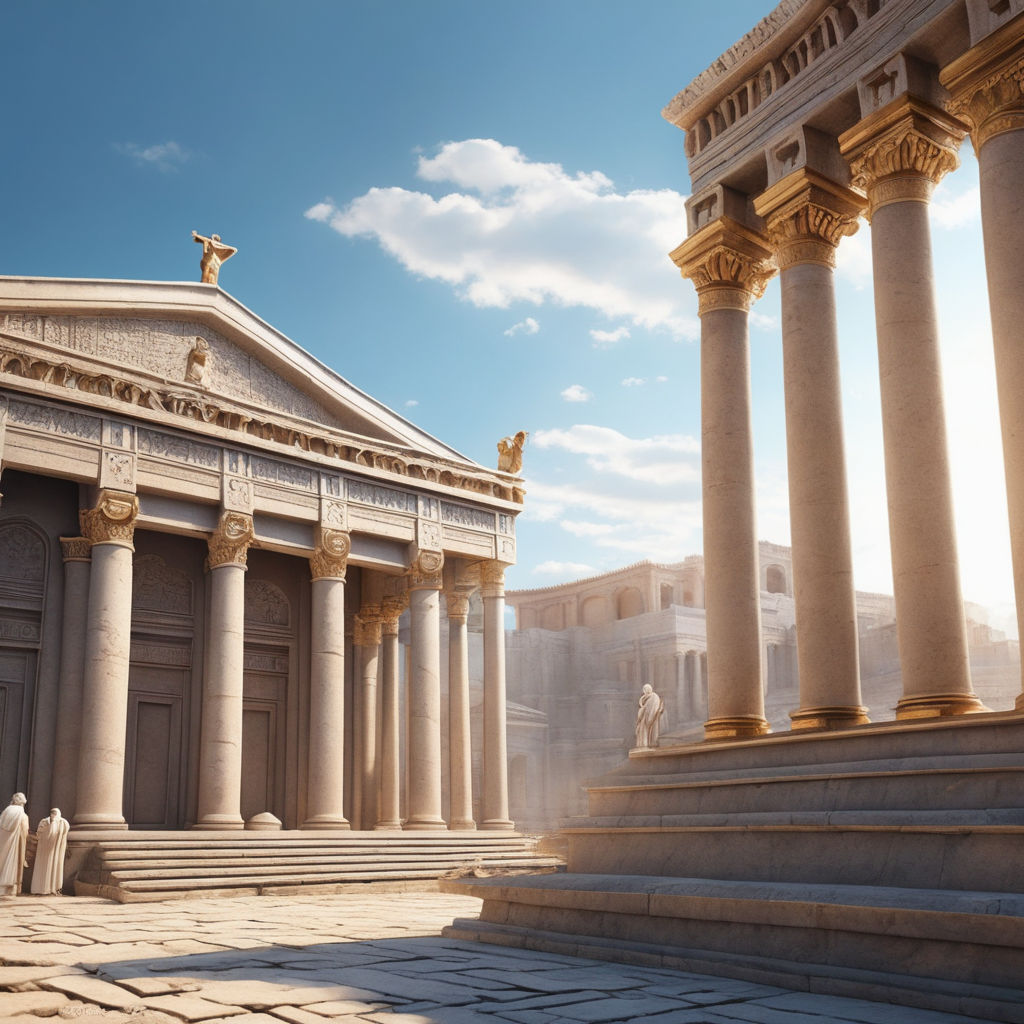 Create an image of an ancient roman temple and a priest spea... by ...