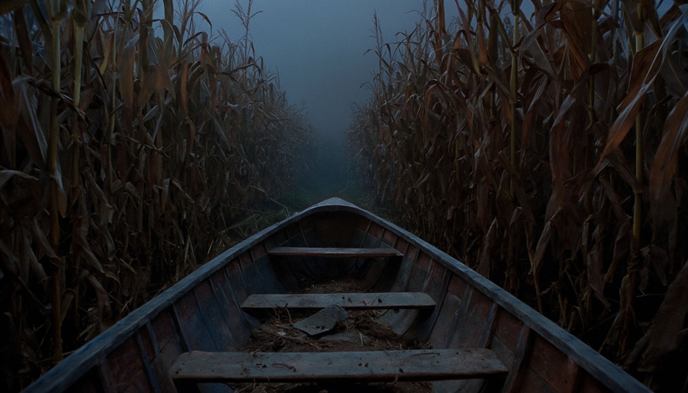 Eerie Nighttime Canoe in Dense Cornfield Virtual Background