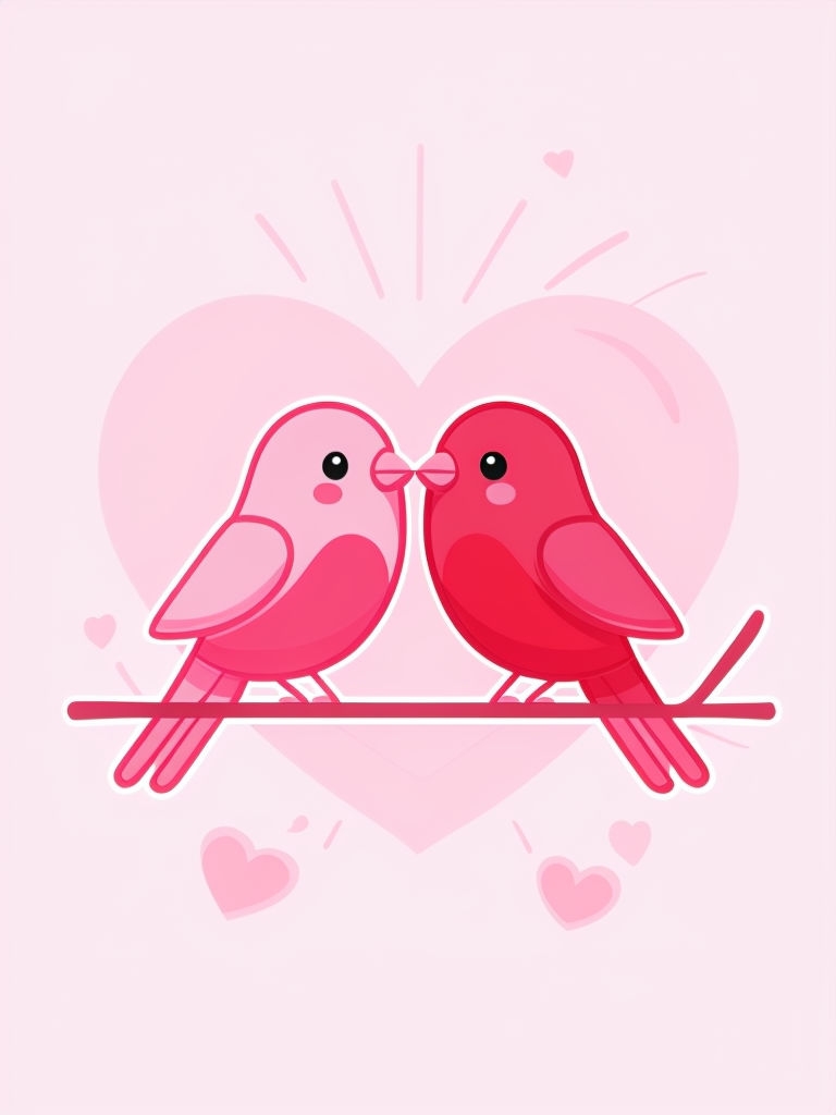 Adorable Lovebirds Cartoon Illustration on Light Pink T-Shirt