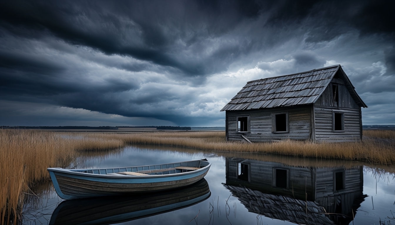 Somber Moody Landscape with Weathered Boat and Cabin Backgrounds