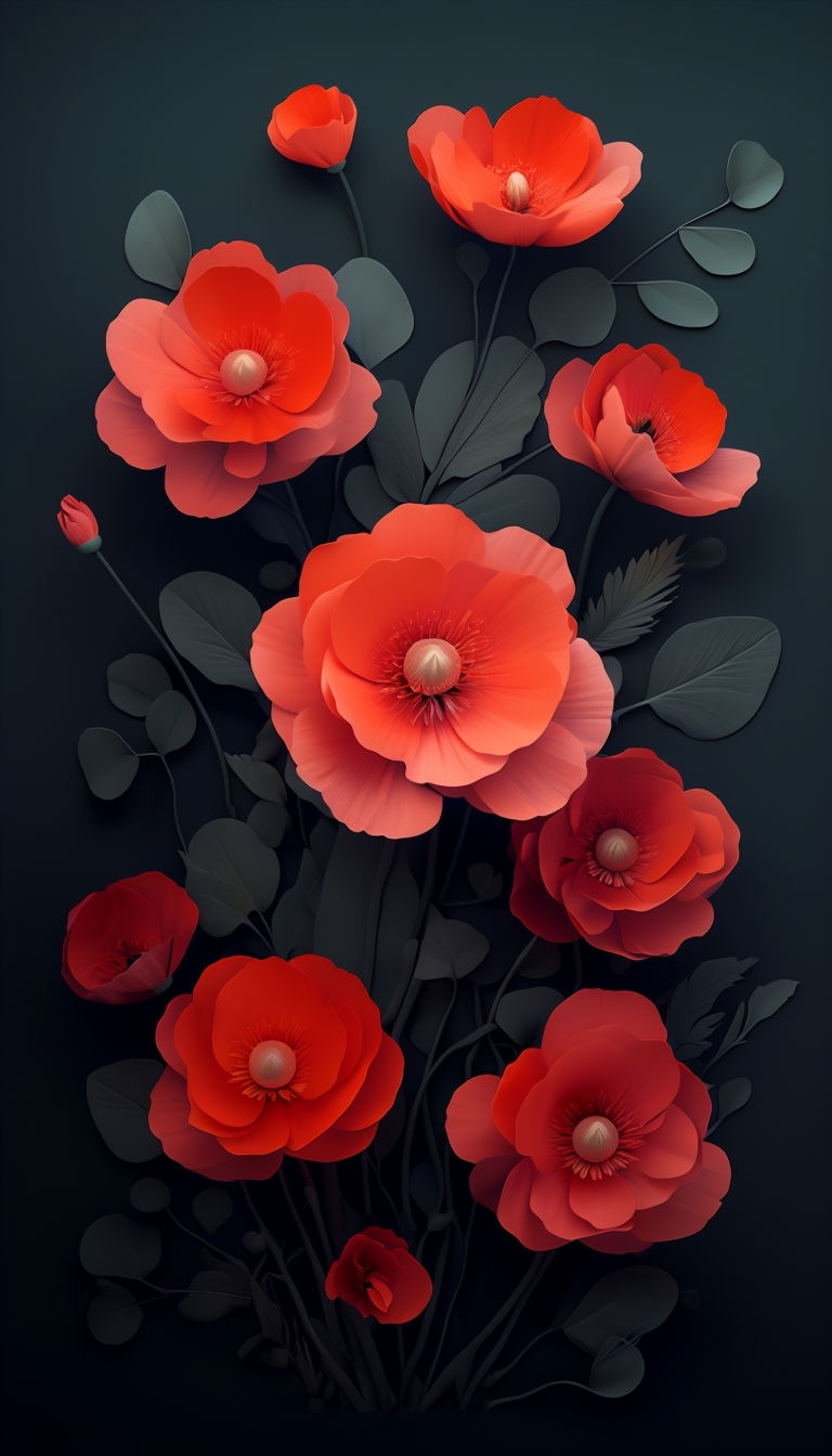 Vibrant Red-Orange Poppies on Black Background Art