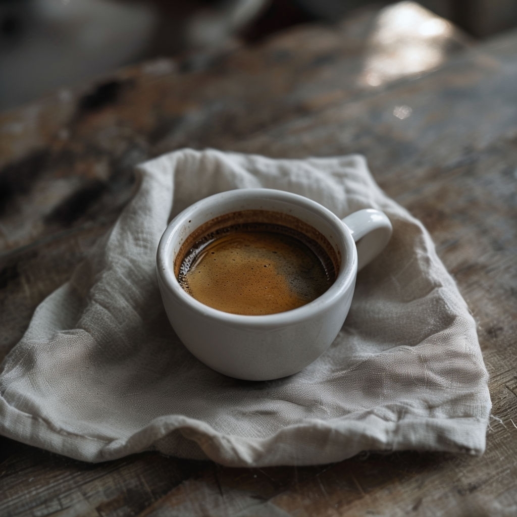 Rustic White Ceramic Espresso Cup on Linen Cloth Social Media Post