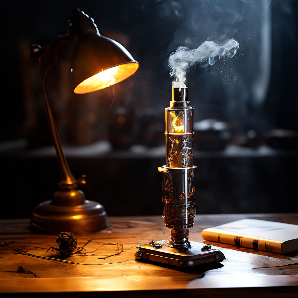 Unlit e-cigarette resting haphazardly atop a worn-down oak desk, imprecise draw and muddled scribbles adorning its surface, vintage study lamp glaring down on the subject, shadows playing mischief in the scene, brilliant steel gray, polished wood texture, volumetric lights, breathtaking surreal masterpiece, UHD drawing, golden ratio.