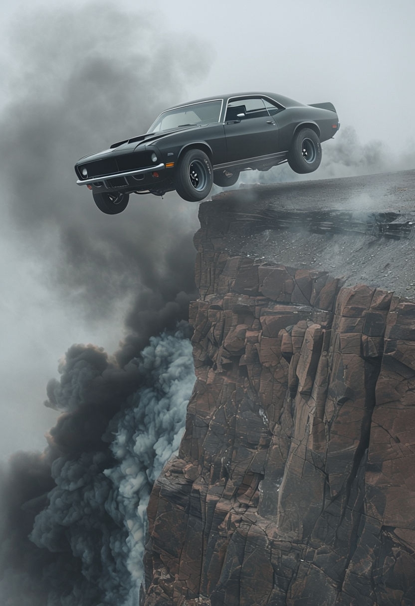 Dramatic Black Muscle Car Jumping Off Rocky Cliff Poster